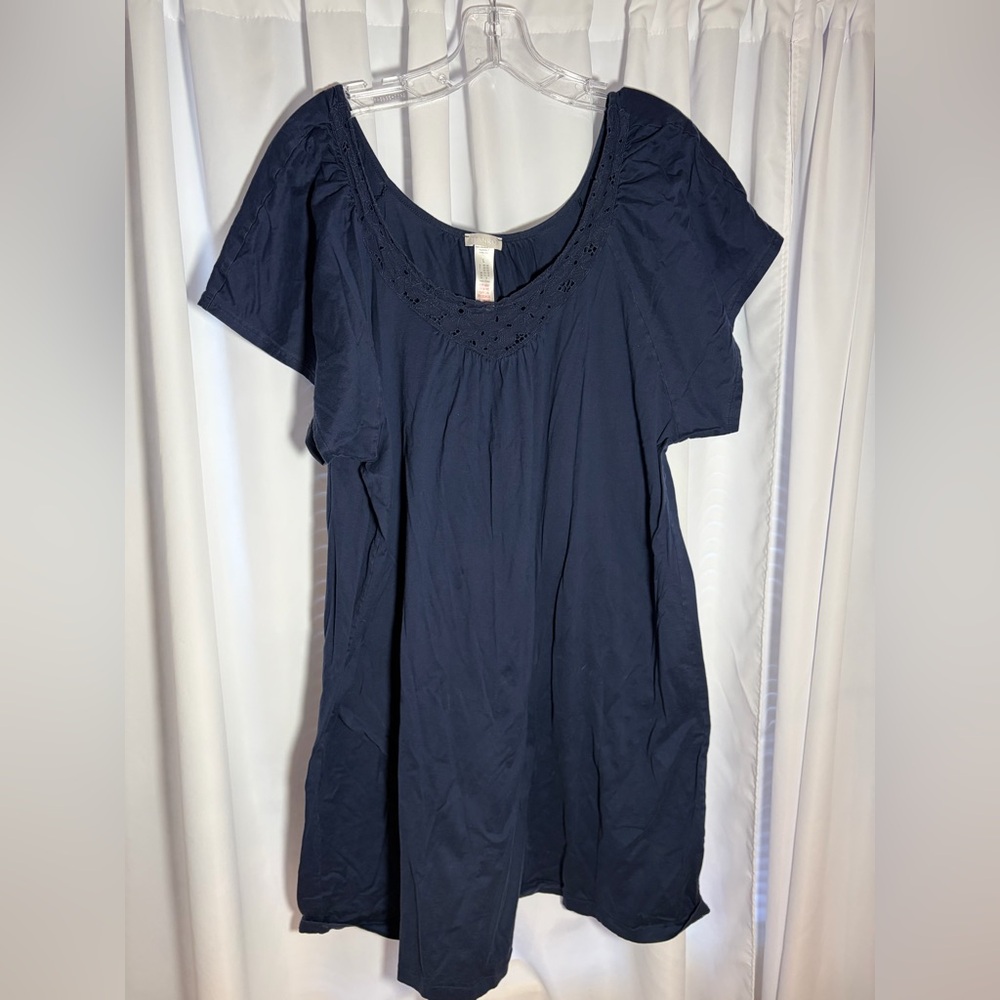 HANRO Navy Blue Cotton Short Sleeve Nightgown W/Lace V-Neck Sz L